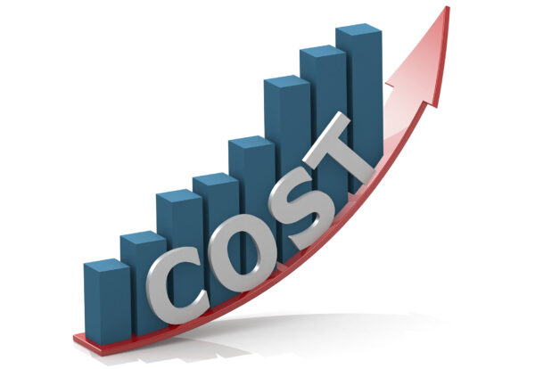 A 3D rendering illustration of a bar chart with cost word and growing up arrow on a white background